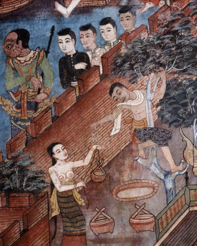 Detail van een muurschildering in de Viharn laikam bij Wat Phra Singh door Thai School