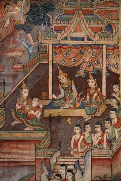 Detail van een muurschildering in de Viharn laikam bij Wat Phra Singh door Thai School