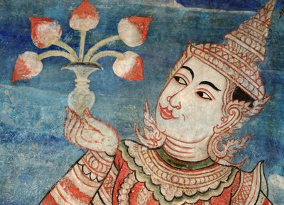 Detail van een muurschildering in de Viharn laikam bij Wat Phra Singh door Thai School