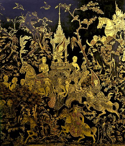 Detail van een scherm, een episode uit de legende Inao door Thai School