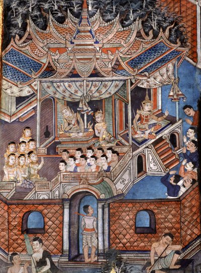 Detail van de muurschilderingen van Viharn laikam die de Sang Thong-verhalen uitbeelden (muurschildering) door Thai School