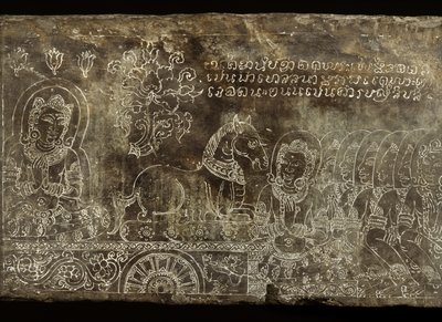 Gegraveerd stenen paneel met de Bhojajania Jataka-verhaal, van Wat Si Chum, Sukhothai, 14e-15e eeuw door Thai School