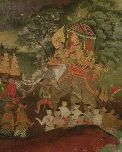 Koning Sanjaya op een olifant, Wat Suwannaram, Dhonburi, 1831 door Thai School