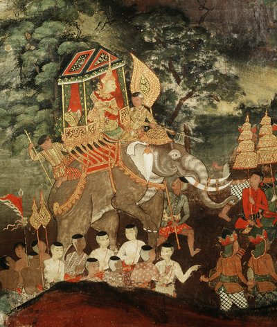 Koning Vessantara op een witte olifant ontmoet de Brahmanen, scène uit Vessantara Jataka, begin 19e eeuw door Thai School