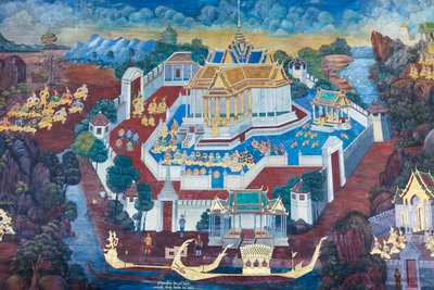 Muurschildering met scènes uit de Ramayana in Wat Phra Kaeo, het Koninklijk Paleis, Bangkok, Thailand door Thai School