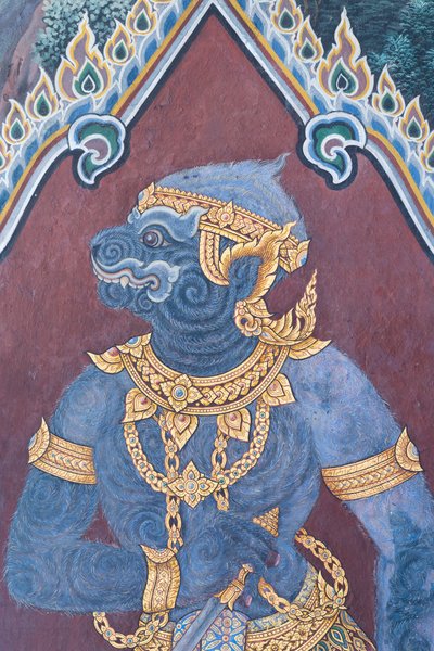 Muurschildering met scènes uit de Ramayana in Wat Phra Kaeo, het Koninklijk Paleis, Bangkok, Thailand door Thai School