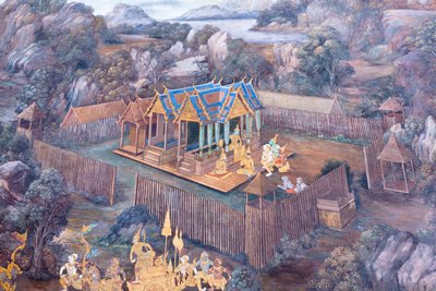 Muurschildering met scènes uit de Ramayana in Wat Phra Kaeo, het Koninklijk Paleis, Bangkok, Thailand door Thai School