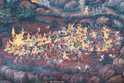 Muurschildering met scènes uit de Ramayana in Wat Phra Kaeo, het Koninklijk Paleis, Bangkok, Thailand door Thai School