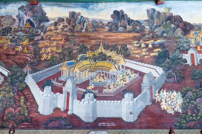 Muurschildering met scènes uit de Ramayana in Wat Phra Kaeo, het Koninklijk Paleis, Bangkok, Thailand door Thai School