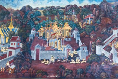 Muurschildering met scènes uit de Ramayana in Wat Phra Kaeo, het Koninklijk Paleis, Bangkok, Thailand door Thai School
