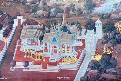Muurschildering met scènes uit de Ramayana in Wat Phra Kaeo, het Koninklijk Paleis, Bangkok, Thailand door Thai School