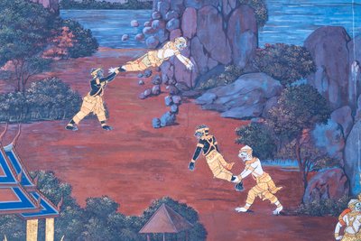 Muurschildering met scènes uit de Ramayana in Wat Phra Kaeo, het Koninklijk Paleis, Bangkok, Thailand door Thai School