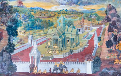 Muurschildering met scènes uit de Ramayana in Wat Phra Kaeo, het Koninklijk Paleis, Bangkok, Thailand door Thai School
