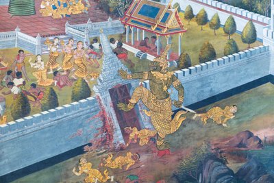 Muurschildering met scènes uit de Ramayana in Wat Phra Kaeo, het Koninklijk Paleis, Bangkok, Thailand door Thai School