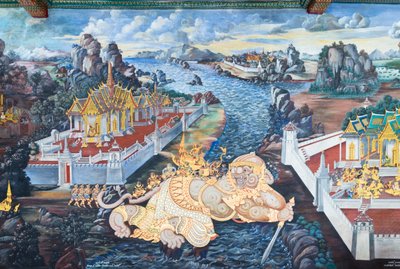 Muurschildering met scènes uit de Ramayana in Wat Phra Kaeo, het Koninklijk Paleis, Bangkok, Thailand door Thai School