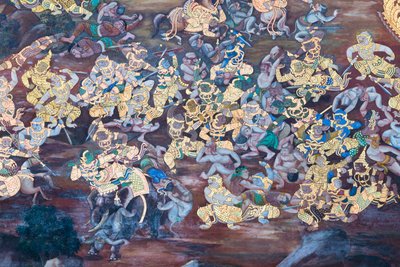 Muurschildering met scènes uit de Ramayana in Wat Phra Kaeo, het Koninklijk Paleis, Bangkok, Thailand door Thai School
