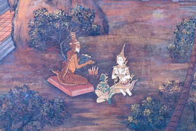 Muurschildering die scènes uit de Ramayana uitbeeldt in Wat Phra Kaeo, het Koninklijk Paleis, Bangkok, Thailand door Thai School