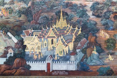 Muurschildering met scènes uit de Ramayana in Wat Phra Kaeo, het Koninklijk Paleis, Bangkok, Thailand door Thai School