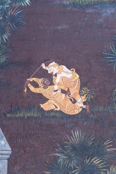 Muurschildering met scènes uit de Ramayana in Wat Phra Kaeo, het Koninklijk Paleis, Bangkok, Thailand door Thai School