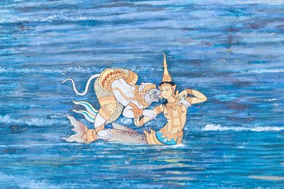 Muurschildering met scènes uit de Ramayana in Wat Phra Kaeo, het Koninklijk Paleis, Bangkok, Thailand door Thai School
