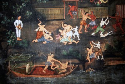 Muurschilderingen met scènes uit het leven van Boeddha, Wat Suwan Dararam, Ayutthaya Historisch Park (UNESCO Werelderfgoedlijst) door Thai School