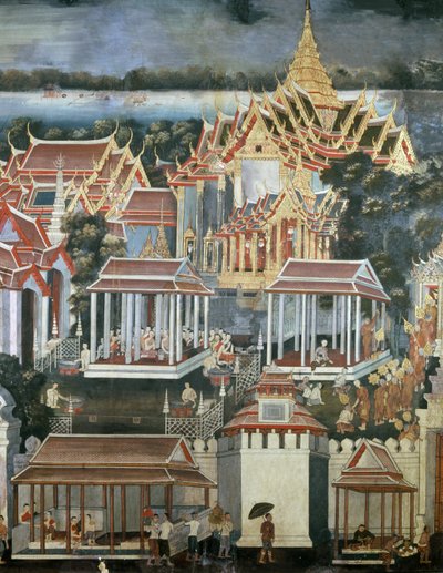 Aanbiedingen gedaan aan monniken in de Tempel van de Smaragden Boeddha, 1864 (muurschildering) door Thai School