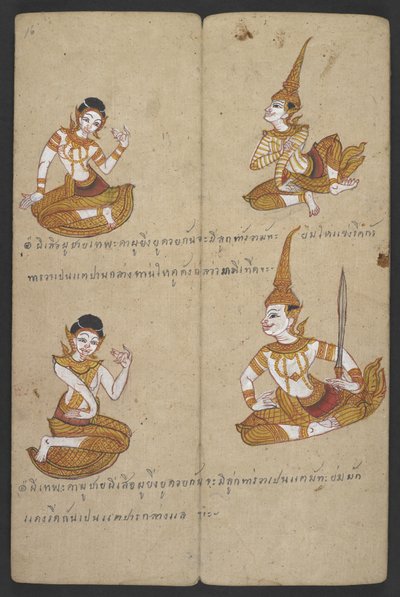 Or 16455 f.16r, Gelukkige en ongelukkige combinaties van koppels, uit Phrommachat (perkament) door Thai School