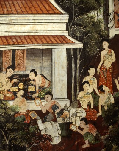 Paleisdames kopen sieraden en spiegels van moslimhandelaren, Rattanakosin-stijl door Thai School