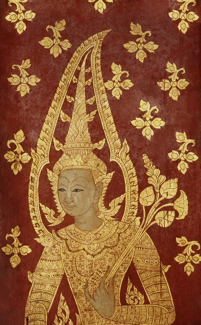 Rattanakosin-stijl deurpaneel met afbeelding van een godheid, ca. 1860 (beschilderd hout) door Thai School