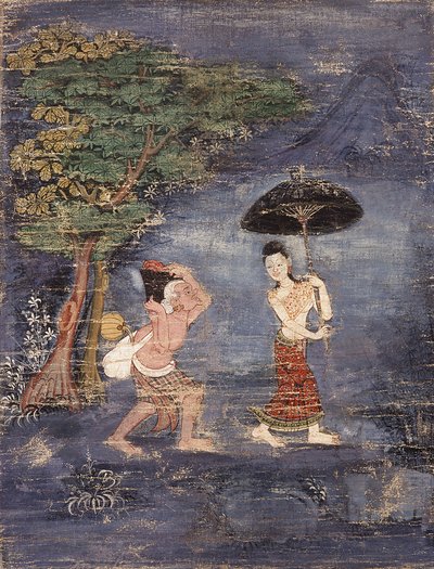 De oude Brahmaan Jujaka volgt zijn jonge vrouw (schilderij op doek) door Thai School