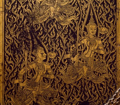 Kast voor soetra, gesneden en gelakt hout, uit Bangkok, Thailand, Detail, Thaise beschaving, begin 19e eeuw door Thai School