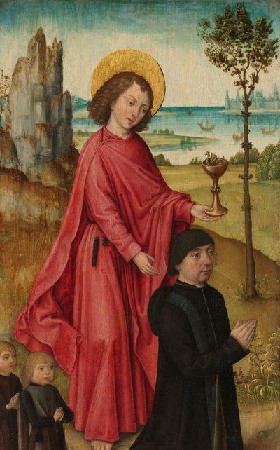 Een schenker en zijn twee zonen met Sint Jan de Evangelist, binnenvleugel links van een drieluik door The (Bruges) Master of the Legend of Saint Ursula (workshop of)