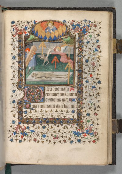 Getijdenboek Gebruik van Parijs: Fol. 118r, Engel en duivel vechten om een ziel door The Bedford Master