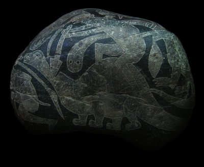 De ica-steen. Een man die een dinosaurus doodt door The Ica stones.
