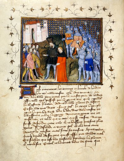 (Hele folio) Koning Richard II, gevangen genomen door Henry Bolingbroke naar Londen, doet afstand van de troon; versierde rand met tekst eronder. door The Virgil Master