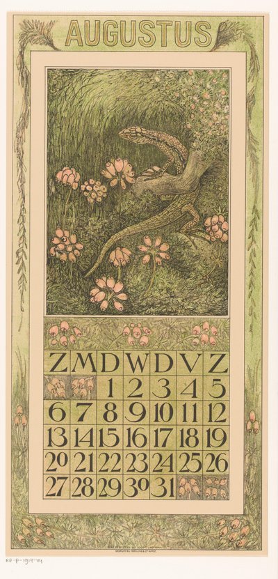Kalenderblad augustus met hagedis en dopheide door Theo van Hoytema