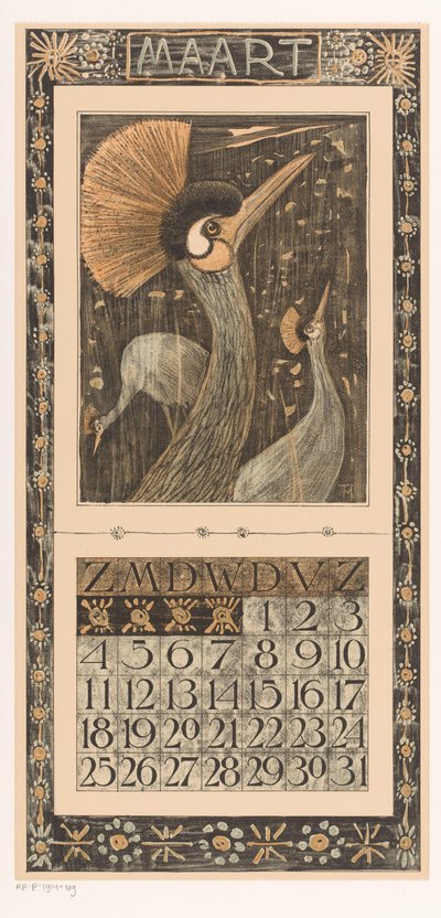 Kalenderblad maart met kroonkranen Kalender 1906 12 lithografien door Th. v. Hoytema (serie titel) door Theo van Hoytema