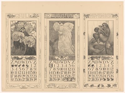 Kalenders voor juli, augustus en november 1910 door Theo van Hoytema