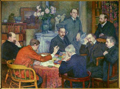 La Lecture (1903), geënsceneerd rond Emile Verhaeren (1855-1916), Belgische socialistische dichter, schilder Cross, schrijvers Maurice Maeterlinck, Andre Gide en Francis Viele-Griffin, bioloog Henri Gheon, dokter Felix Le Dantec en Felix Feneon die een sig door Théo van Rysselberghe