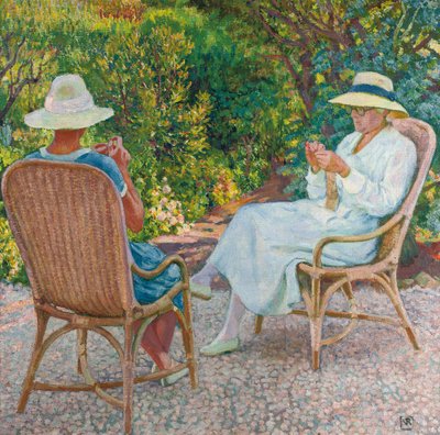 Maria en Elisabeth van Rysselberghe Breien in de Tuin, c.1912 door Théo van Rysselberghe