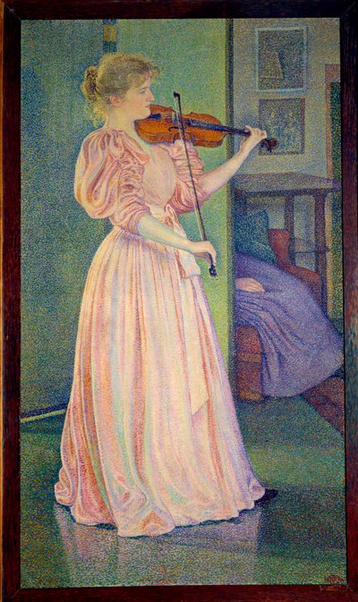 Portret van Irma Sethe die viool speelt, Ec. Bel. door Théo van Rysselberghe