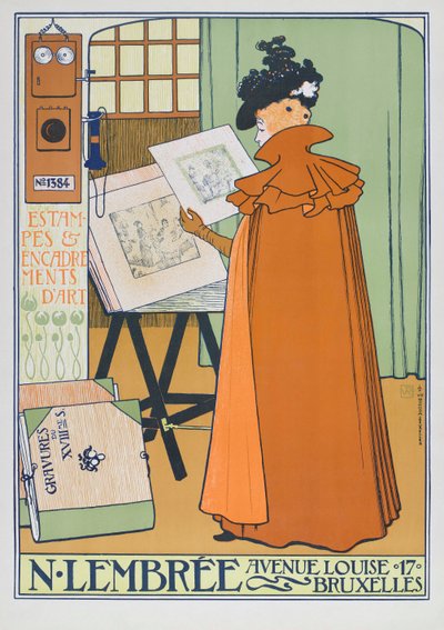 Poster die een kunstwinkel in Brussel adverteert door Théo van Rysselberghe