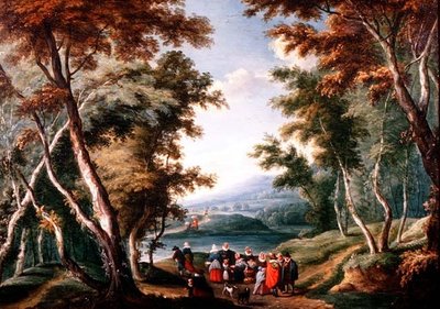 Boslandschap met Fruithandelaren en andere Figuren door Theobald (circle of) Michau
