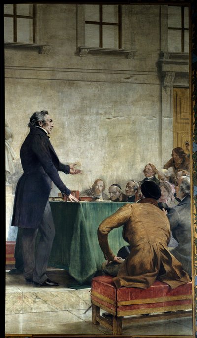 Francois Arago bestudeerde populaire astronomie in het amfitheater van het observatorium. Schilderij door Theobald Chartran. Parijs, La Sorbonne door Theobald Chartran