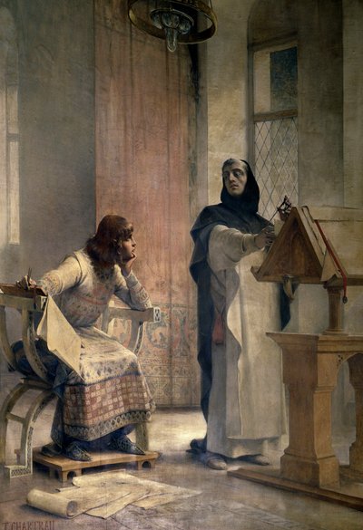 Lodewijk IX, voordat hij koning van Frankrijk werd, studeerde wiskunde bij Vincent de Beauvais, Dominicaanse broeder, in de abdij van Royaumont. Schilderij door Theobald Chartran. Parijs, La Sorbonne door Theobald Chartran