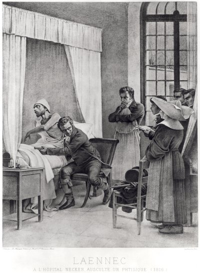 Rene Theophile Hyacinthe Laennec luistert naar de borst van een man met tuberculose door Theobald Chartran