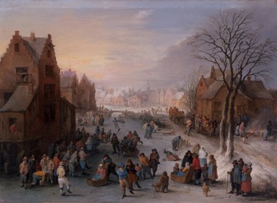 Een winterstadsgezicht met talrijke figuren door Theobald Michau