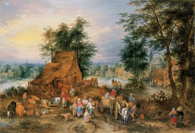 Een dorpsscène met werkende boeren door Theobald Michau
