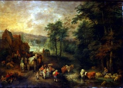 Bebost Landschap met Boeren en Wagens door Theobald Michau