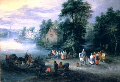 Bosrijk rivierlandschap met figuren en vee door Theobald Michau